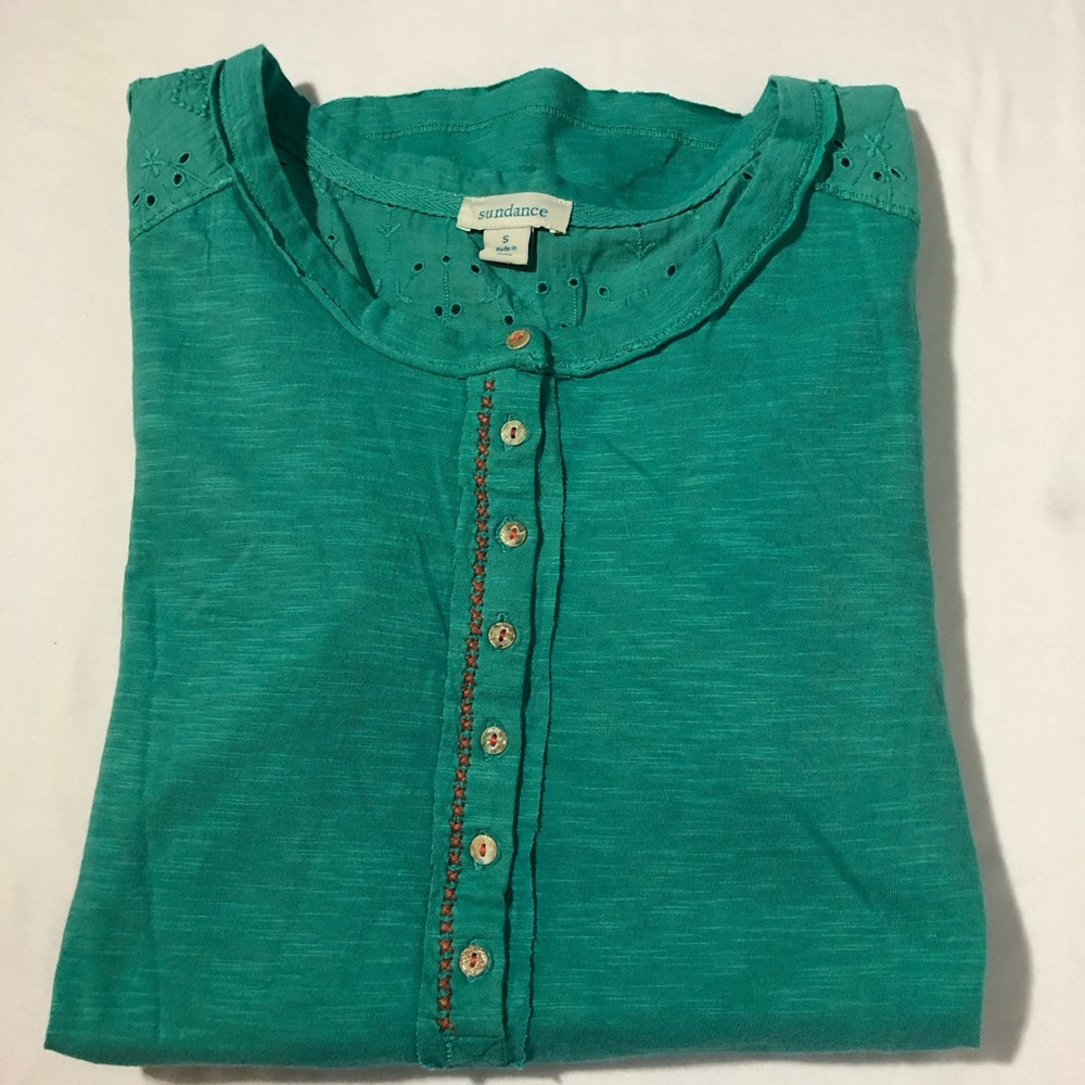 Sundance cotton Henley tshirt blue embroidery pointelle shoulder turquoise sz S - Picture 13 of 13